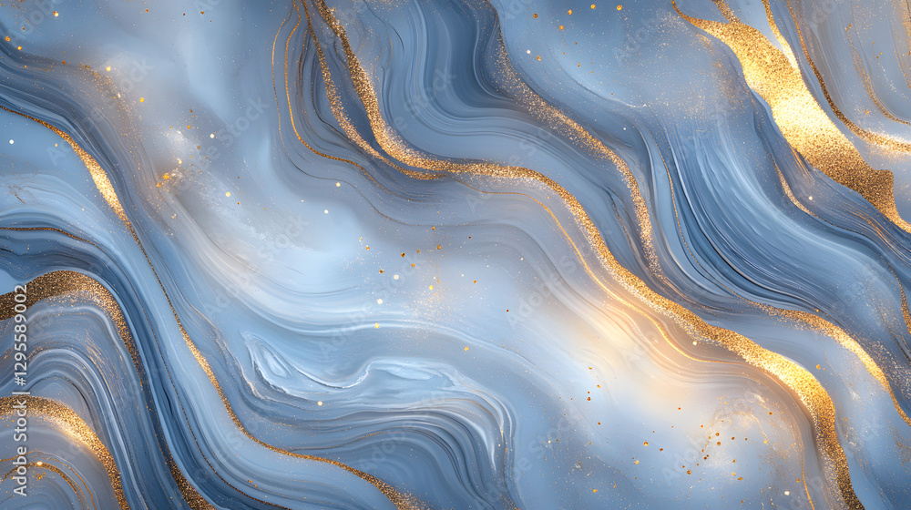 A beautiful light blue and gold agate pattern, with smooth flowing lines and shimmering gold dots scattered across the surface. Abstract marble background. A beautiful light blue and gold agate pattern, with smooth flowing lines and shimmering gold dots scattered across the surface. Abstract marble background.