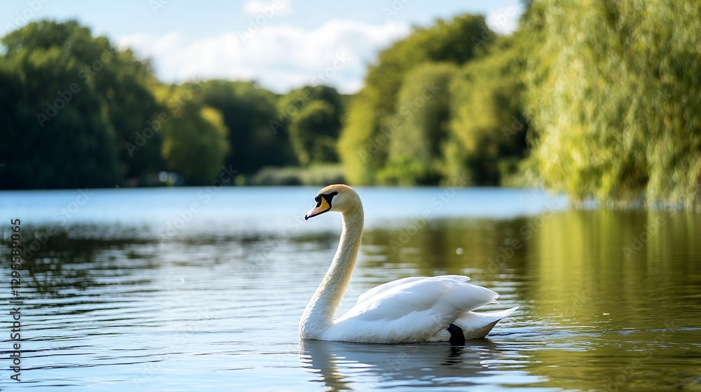 Elegant White Swan Swimming Gracefully in a Calm Reflective Lake with Greenery : Generative AI Elegant White Swan Swimming Gracefully in a Calm Reflective Lake with Greenery : Generative AI