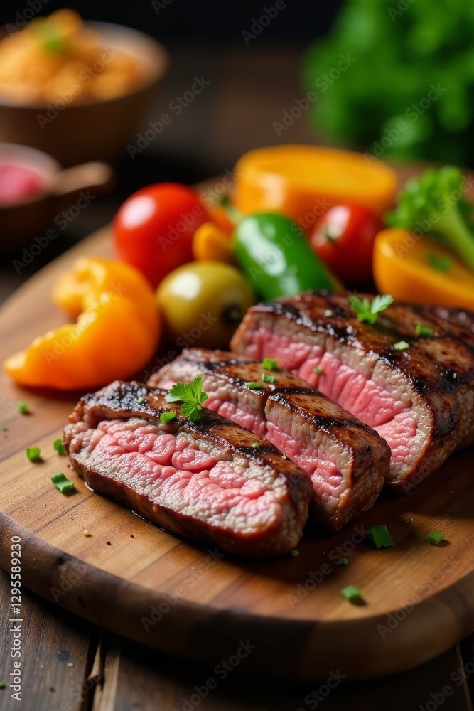 Perfectly grilled flank steak with colorful roasted vegetables on a wooden board , knife, recipe Perfectly grilled flank steak with colorful roasted vegetables on a wooden board , knife, recipe