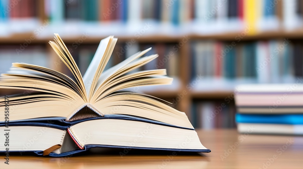 Open Book with Pages Flipping in Library with Bookshelves in the Background : Generative AI Open Book with Pages Flipping in Library with Bookshelves in the Background : Generative AI