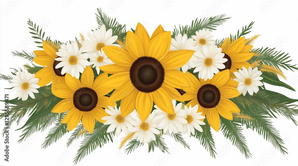 Naklejka premium Autumn floral arrangement, sunflowers, daisies, wheat, design element