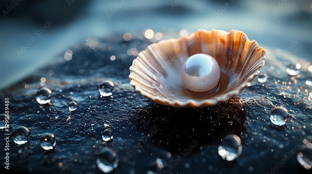 White Pearl in Shell with Water Drops White Pearl in Shell with Water Drops