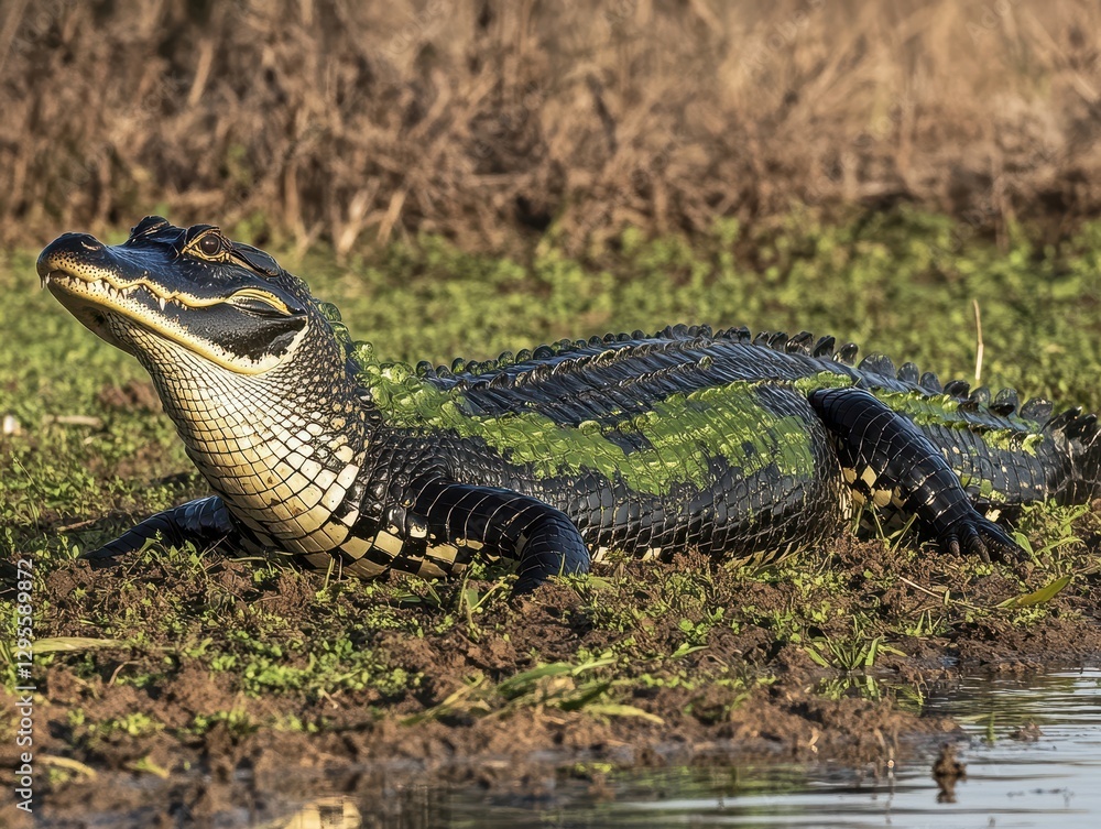Close-Up of a Green and Black Alligator on the Shore, Showcasing Detailed Scales and Serene Environment in Natural Habitat Close-Up of a Green and Black Alligator on the Shore, Showcasing Detailed Scales and Serene Environment in Natural Habitat