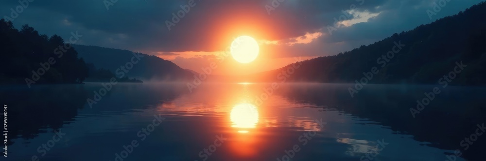 Fototapeta premium an orb of light rising from the depths of a serene lake, calm, illumination