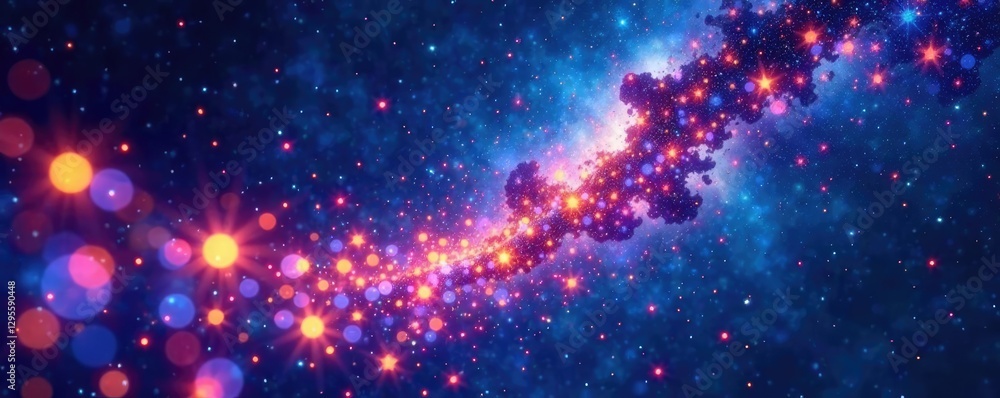Swirling cosmic wind carries colorful lights across starry night sky, galaxy, stars, festive decoration Swirling cosmic wind carries colorful lights across starry night sky, galaxy, stars, festive decoration