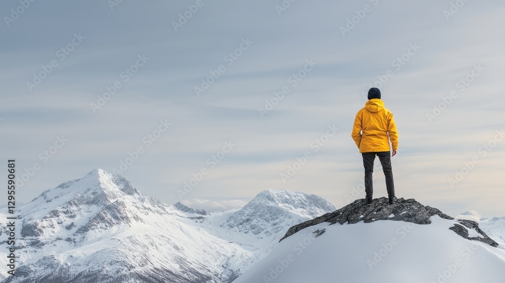 Person in Yellow Jacket Standing on Mountain Peak with Snowy Landscape Person in Yellow Jacket Standing on Mountain Peak with Snowy Landscape