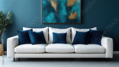 Wallpaper Mural Modern minimalist living space featuring a soft off-white sofa with blue accents Torontodigital.ca