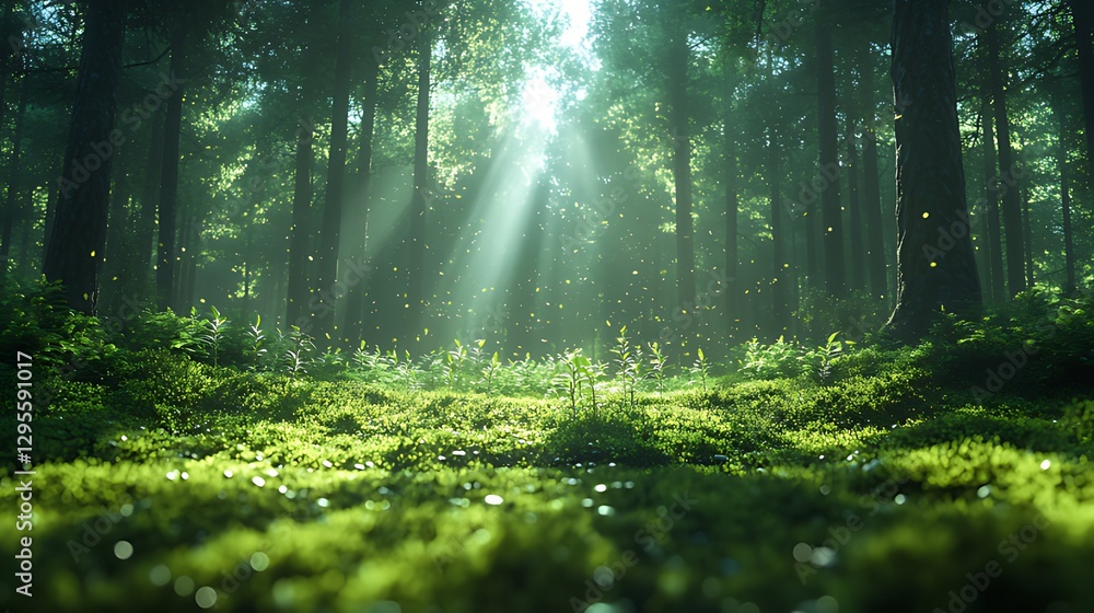 Fototapeta premium Sunbeams illuminate magical forest; fireflies; nature background