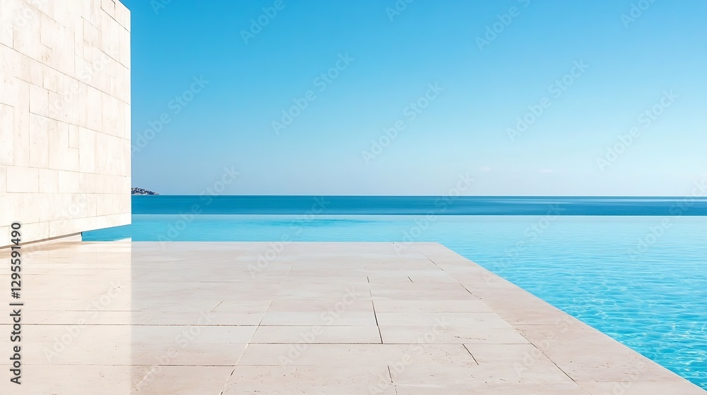 Stunning view of a luxury infinity pool overlooking a serene ocean under a clear blue sky : Generative AI