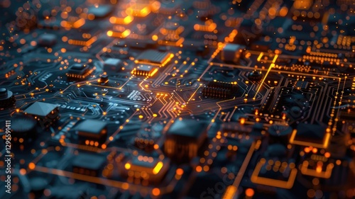 Glowing orange circuit board with detailed lines and patterns on a dark background. Digital art for design. Abstract image of wireframe or motherboard with glowing color with electronic parts. AIG53.