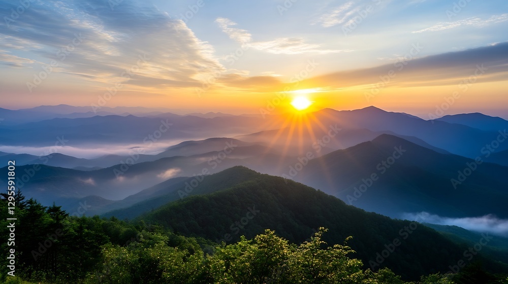 Obraz premium Breathtaking Sunrise Over Layered Mountains with Fog and Lush Greenery : Generative AI