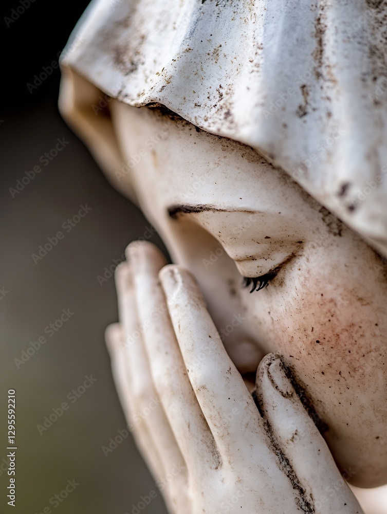 Obraz premium Detailed close up of a praying statue capturing the emotion in the face of a religious figure in soft light : Generative AI