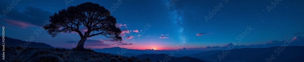 Fototapeta premium Jagged branches of lone tree, night sky backdrop, night, moon