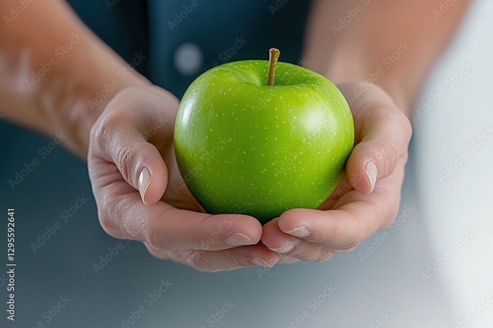 Oral care gum protection essential. Fresh green apple held in hands, symbolizing health and nourishment.