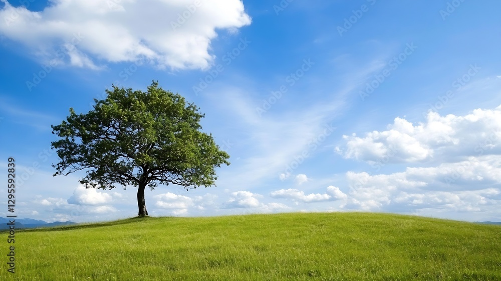 Single green tree on a vibrant grassy hill under a bright blue sky with fluffy clouds representing nature and tranquility : Generative AI Single green tree on a vibrant grassy hill under a bright blue sky with fluffy clouds representing nature and tranquility : Generative AI