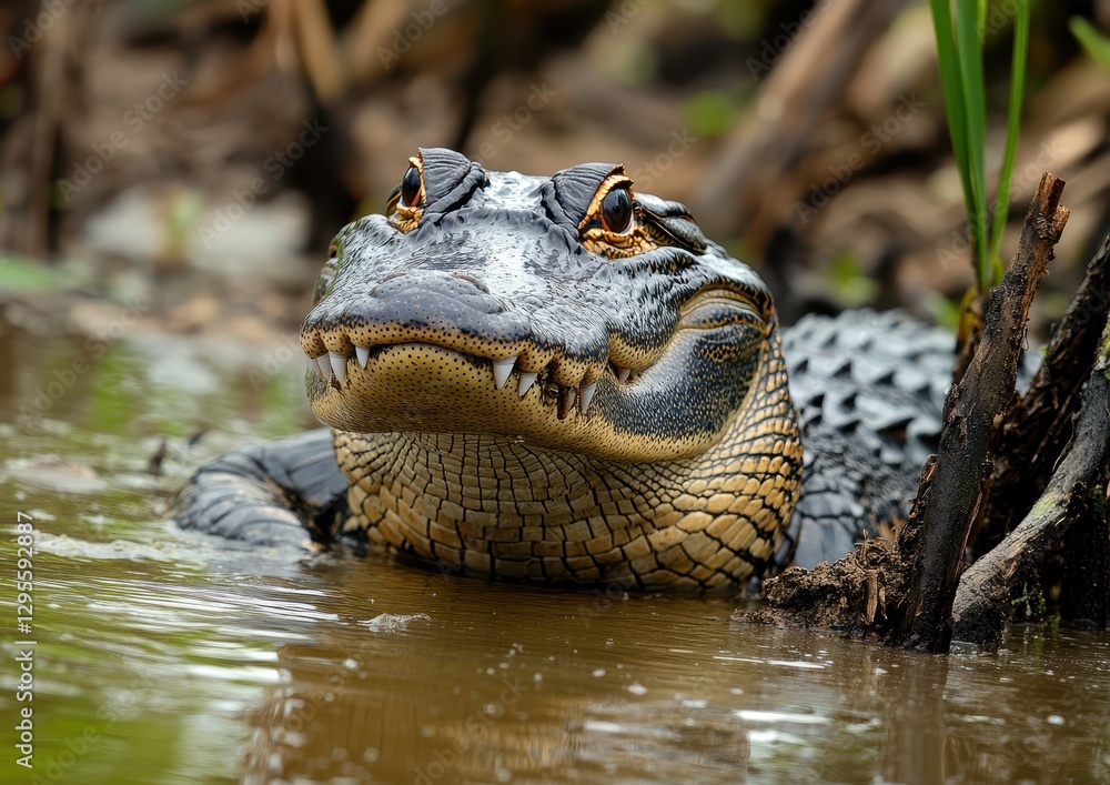 Fototapeta premium Close-Up of a Majestic Alligator Emerging from a Serene Swamp Environment in the Heart of Nature's Untamed Wilderness