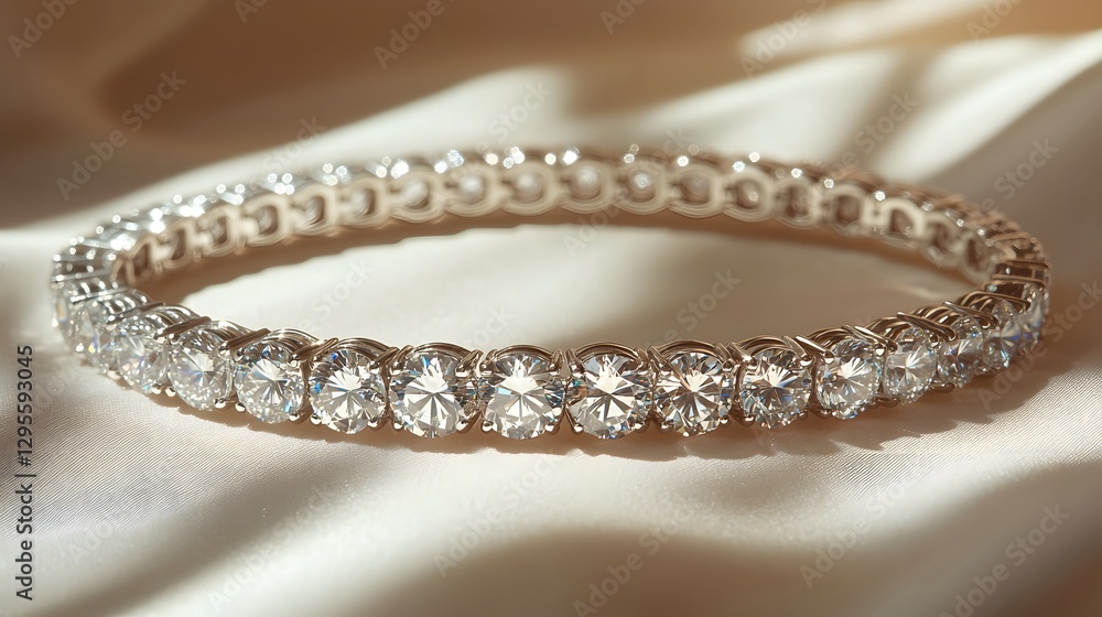 A sparkling diamond tennis bracelet, laid flat on a smooth white fabric, reflecting light from every angle A sparkling diamond tennis bracelet, laid flat on a smooth white fabric, reflecting light from every angle