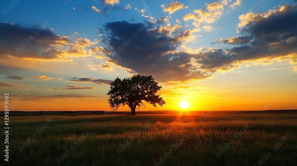 Breathtaking sunset over fields with a solitary tree creating a picturesque scenic landscape : Generative AI Breathtaking sunset over fields with a solitary tree creating a picturesque scenic landscape : Generative AI