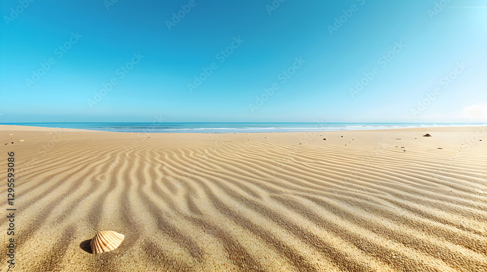 Golden Sand Serenity: A Vast Stretch of Tranquil Shoreline Bathed in Sunlight Under Clear Blue Skies