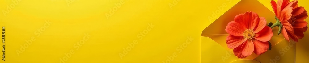 Sunny mimosa blooms nestled in a yellow envelope , greeting, yellow background Sunny mimosa blooms nestled in a yellow envelope , greeting, yellow background