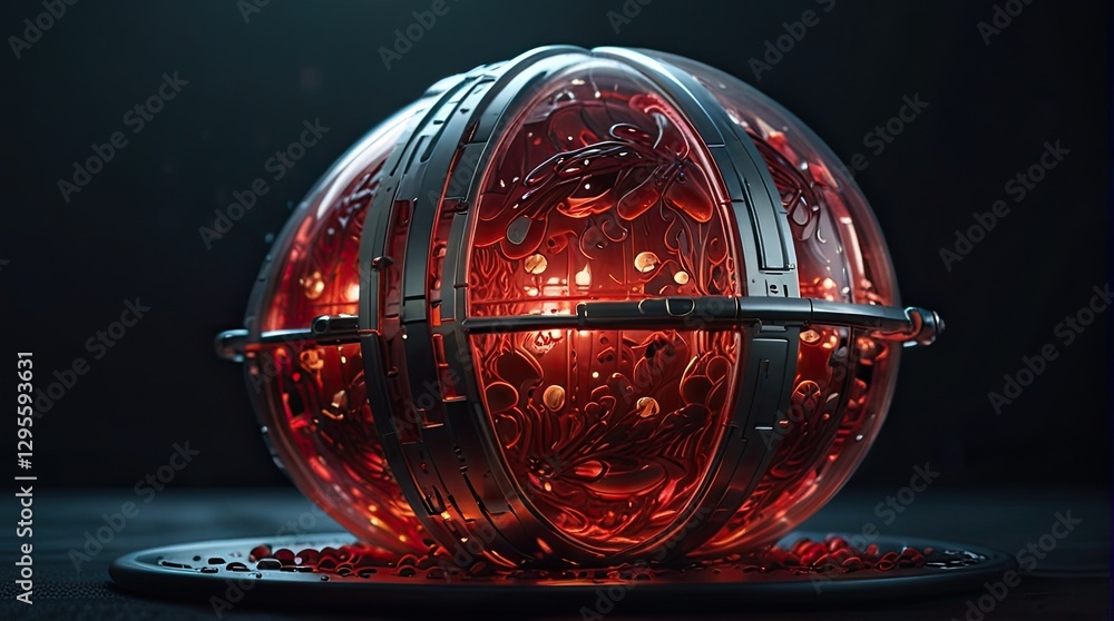 Metallic sphere with glowing red details and intricate patterns is the subject of this futuristic illustration with a dark background