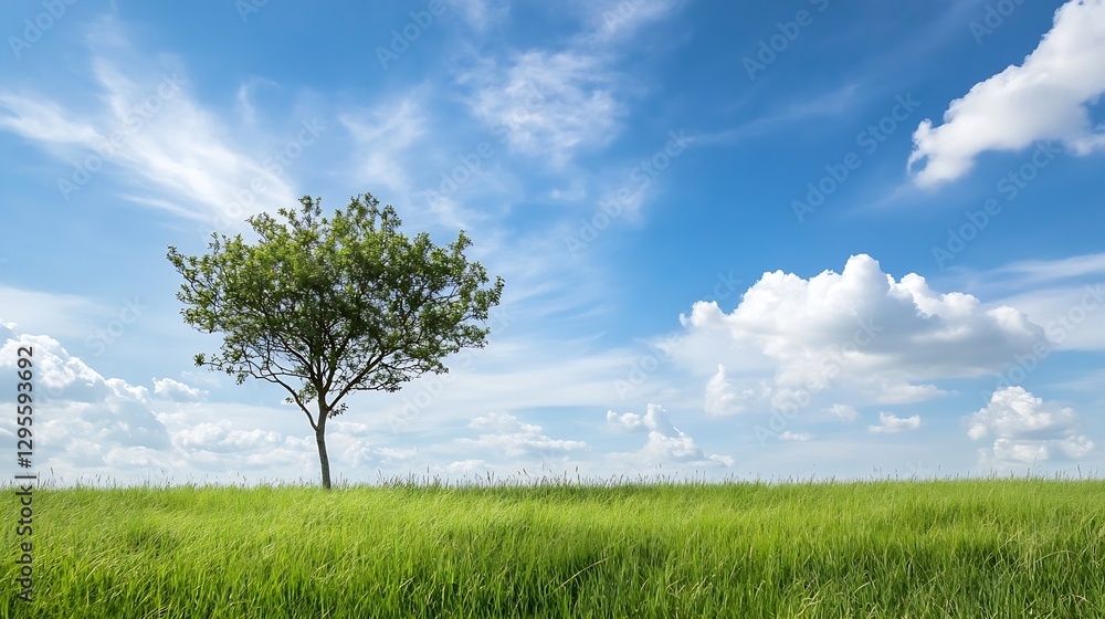 Lone tree standing in green grass under a vibrant blue sky with fluffy clouds on a sunny day : Generative AI Lone tree standing in green grass under a vibrant blue sky with fluffy clouds on a sunny day : Generative AI