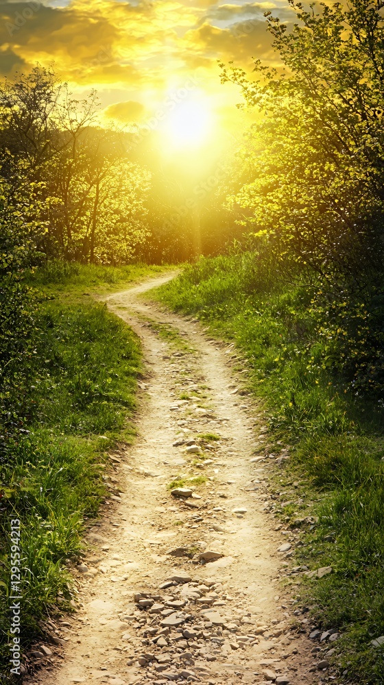 Winding Path Through Lush Green Landscape at Sunset Winding Path Through Lush Green Landscape at Sunset