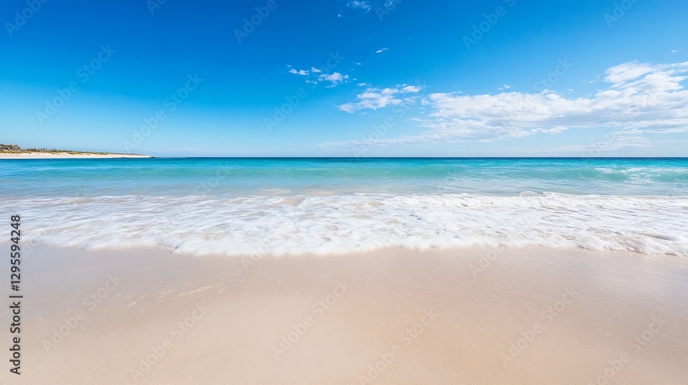 Scenic View of Clear Blue Ocean and Sandy Shore Under Bright Sky : Generative AI