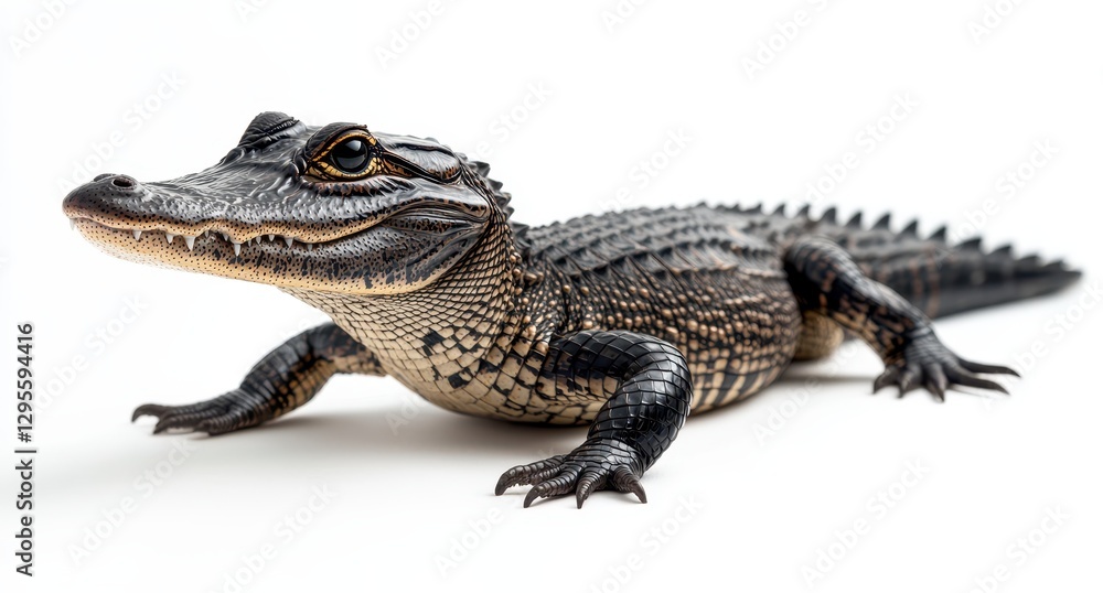 Close-Up of a Realistic Alligator or Crocodile Model Displayed on a White Background, Showcasing Its Detailed Skin Texture and Features Close-Up of a Realistic Alligator or Crocodile Model Displayed on a White Background, Showcasing Its Detailed Skin Texture and Features