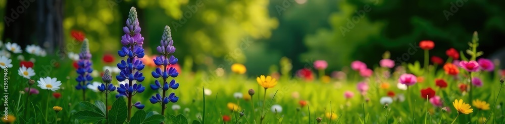 Obraz premium Lupinus mutabilis in a garden with other flowers, greenery, meadow