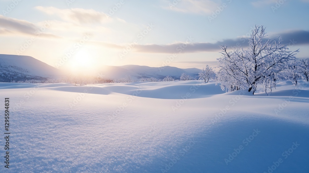 A serene winter landscape with soft snow covering rolling hills illuminated by a golden sunrise : Generative AI A serene winter landscape with soft snow covering rolling hills illuminated by a golden sunrise : Generative AI