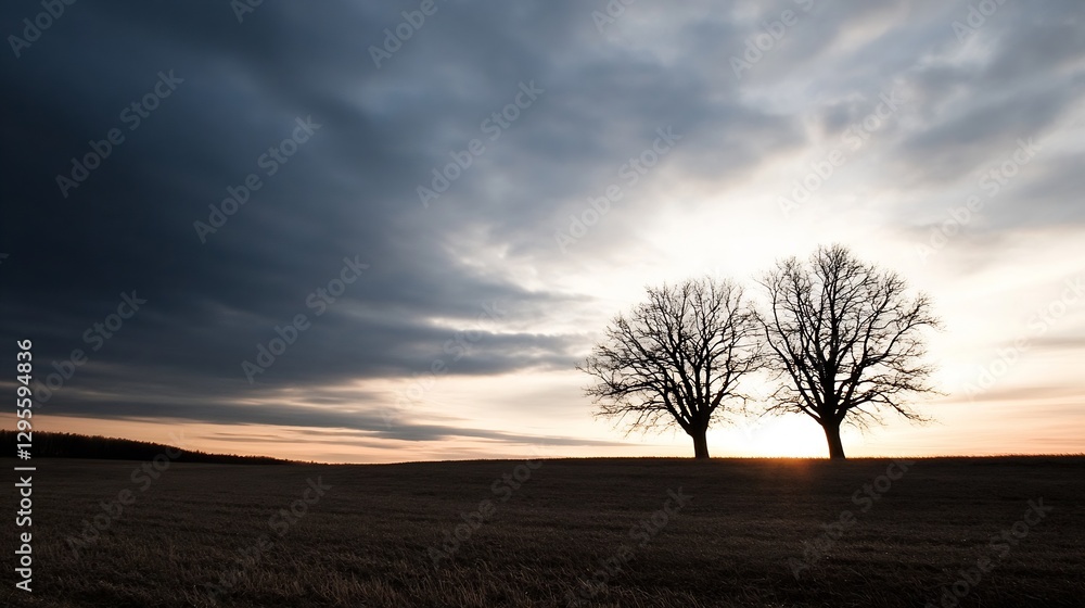 Obraz premium Silhouetted trees against a dramatic sky at dusk creating a serene atmosphere : Generative AI