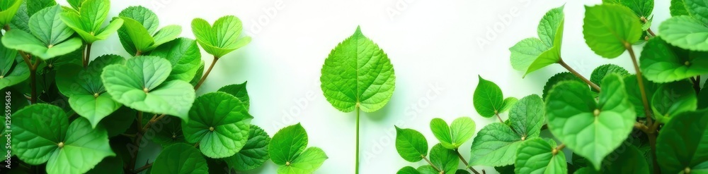 Obraz premium lush green foliage surrounds a solitary leaf on white background, plant life, floral, botanical