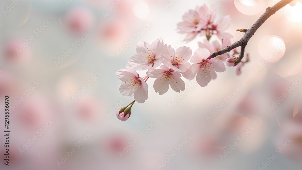 Cherry blossoms bloom on branches in a soft, tranquil setting during early spring in a peaceful garden Cherry blossoms bloom on branches in a soft, tranquil setting during early spring in a peaceful garden