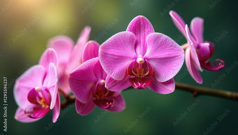 Pink orchid flowers scattered on a bamboo stem, floral, pink flowers Pink orchid flowers scattered on a bamboo stem, floral, pink flowers