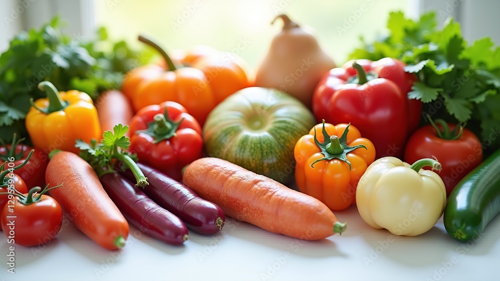 A vibrant assortment of fresh vegetables displayed on a white table, illuminated by soft natural light from a nearby window. A vibrant assortment of fresh vegetables displayed on a white table, illuminated by soft natural light from a nearby window.