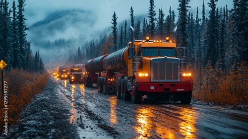 Heavy duty trucks transporting pipeline materials through foggy mountain forest road at dusk. Industrial convoy driving on wet winter highway with illuminated headlights
