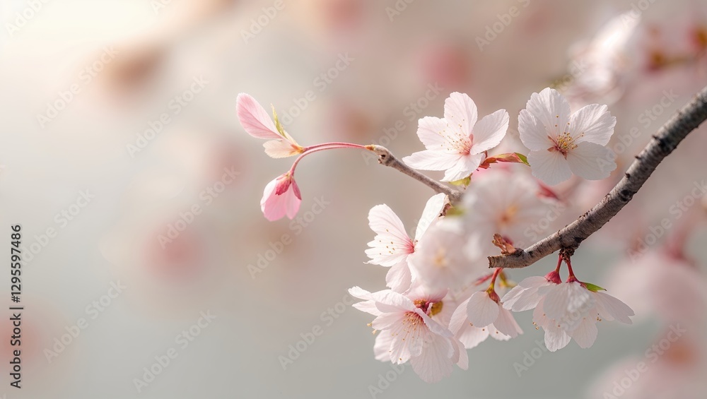 Cherry blossoms bloom beautifully on a branch, showcasing delicate pink and white petals in a serene spring morning Cherry blossoms bloom beautifully on a branch, showcasing delicate pink and white petals in a serene spring morning