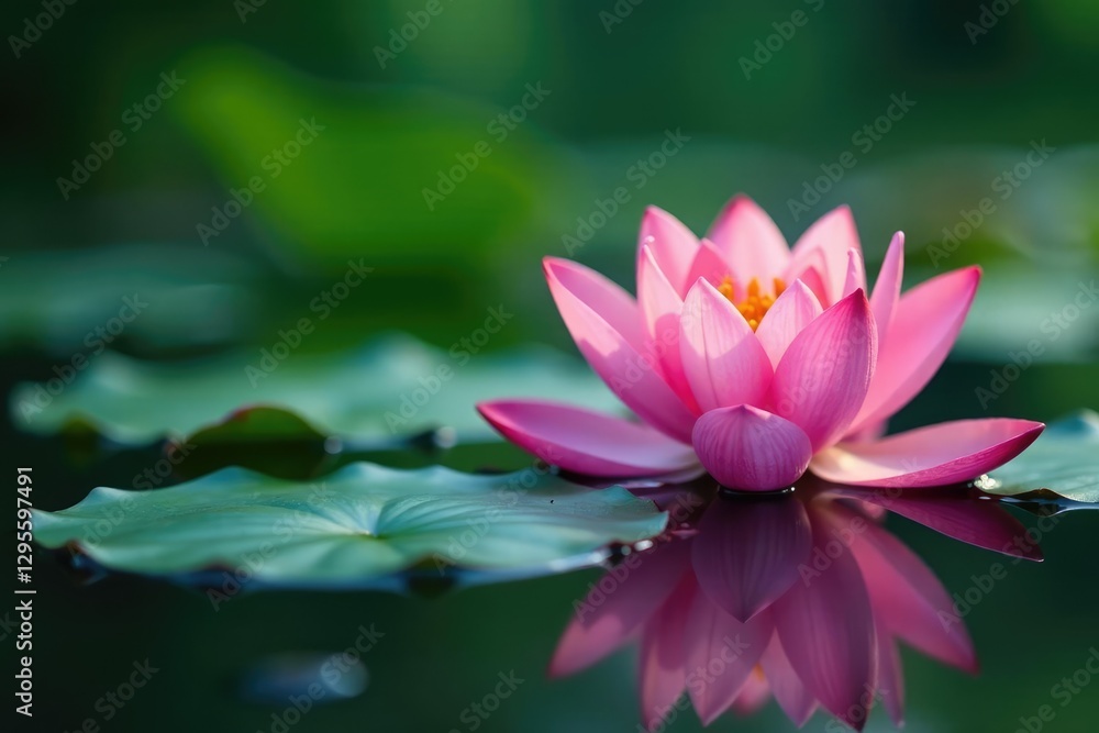 Single blooming lotus flower amidst water lily, reflection, stillness, solitude Single blooming lotus flower amidst water lily, reflection, stillness, solitude
