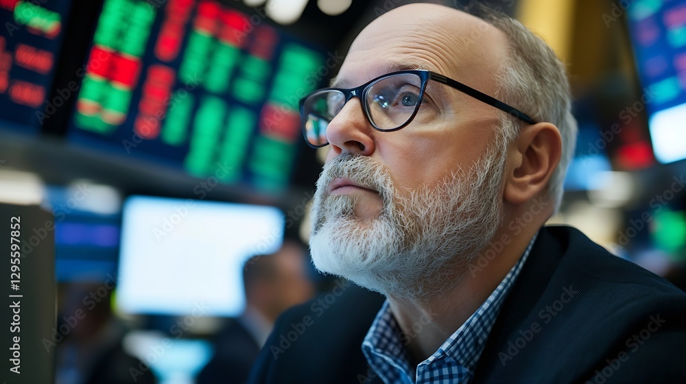 Focused market analyst observing stock market trends on a busy financial trading floor : Generative AI Focused market analyst observing stock market trends on a busy financial trading floor : Generative AI
