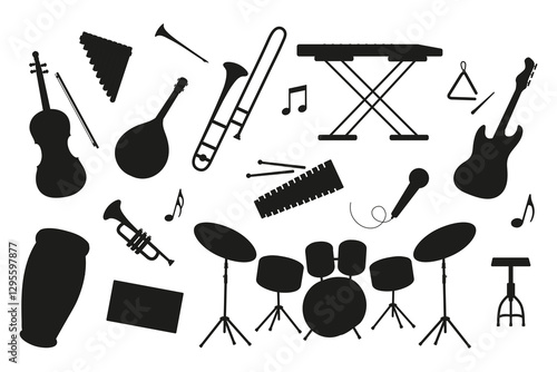 Various musical instruments arranged creatively on a simple background