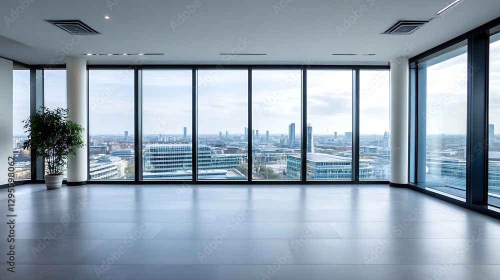Fototapeta premium Modern Office Space with Large Windows Offering Stunning City View : Generative AI