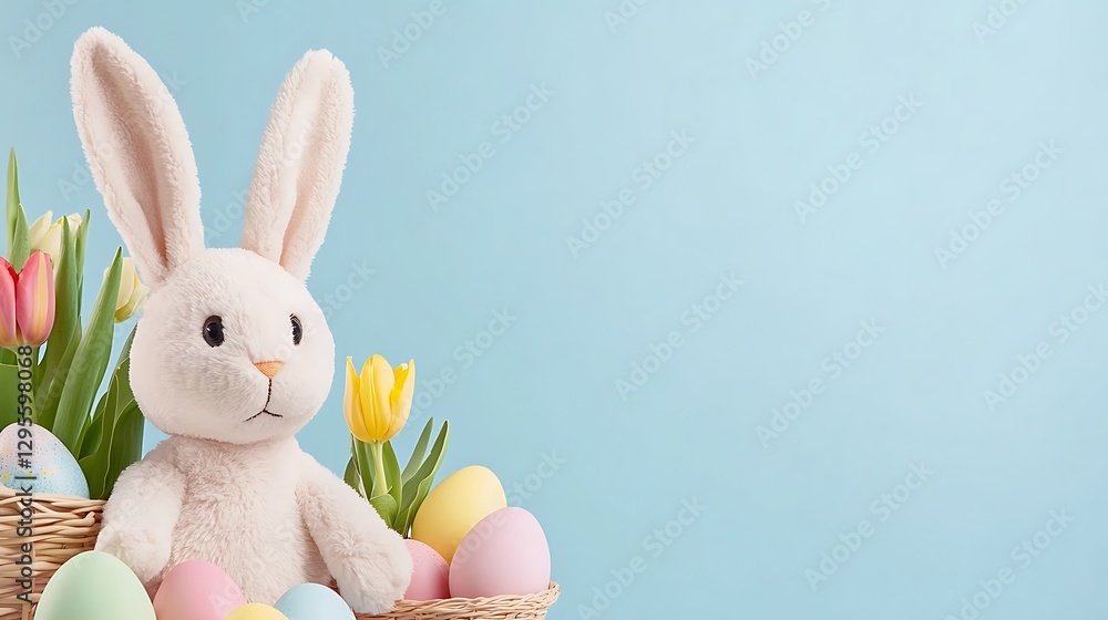 A Cute Plush Bunny Surrounded by Colorful Easter Eggs and Bright Tulips for a Joyful Spring Celebration A Cute Plush Bunny Surrounded by Colorful Easter Eggs and Bright Tulips for a Joyful Spring Celebration