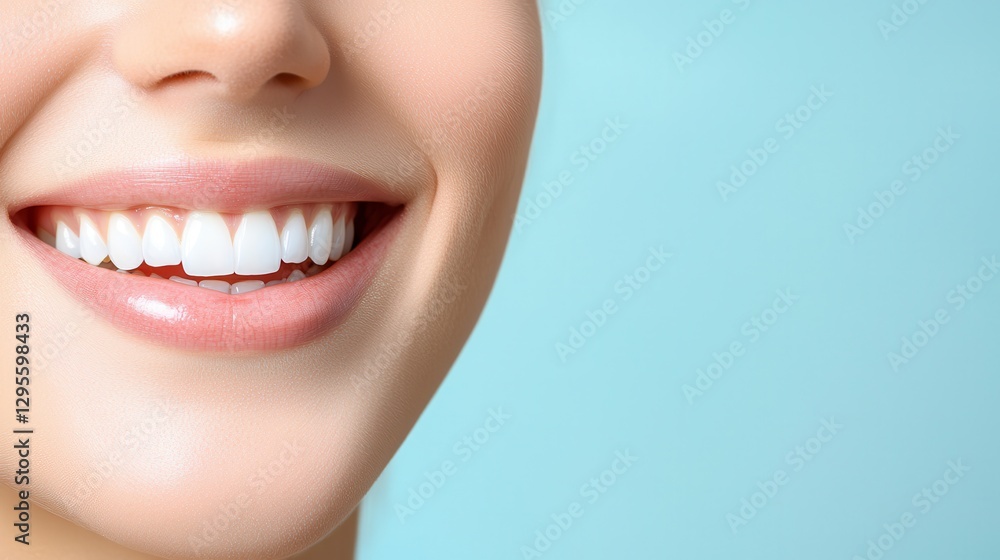 Fototapeta premium Oral care gum protection essential. Close-up of a smiling woman with bright, white teeth against a blue background.