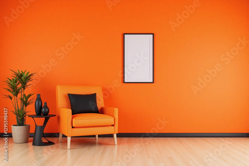 living room with an orange chair and a picture frame