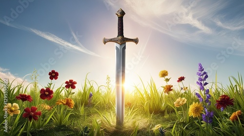 Majestic sword stands tall in a lush meadow of colorful flowers at sunset, symbolizing power and magic while evoking feelings of chivalry and courage