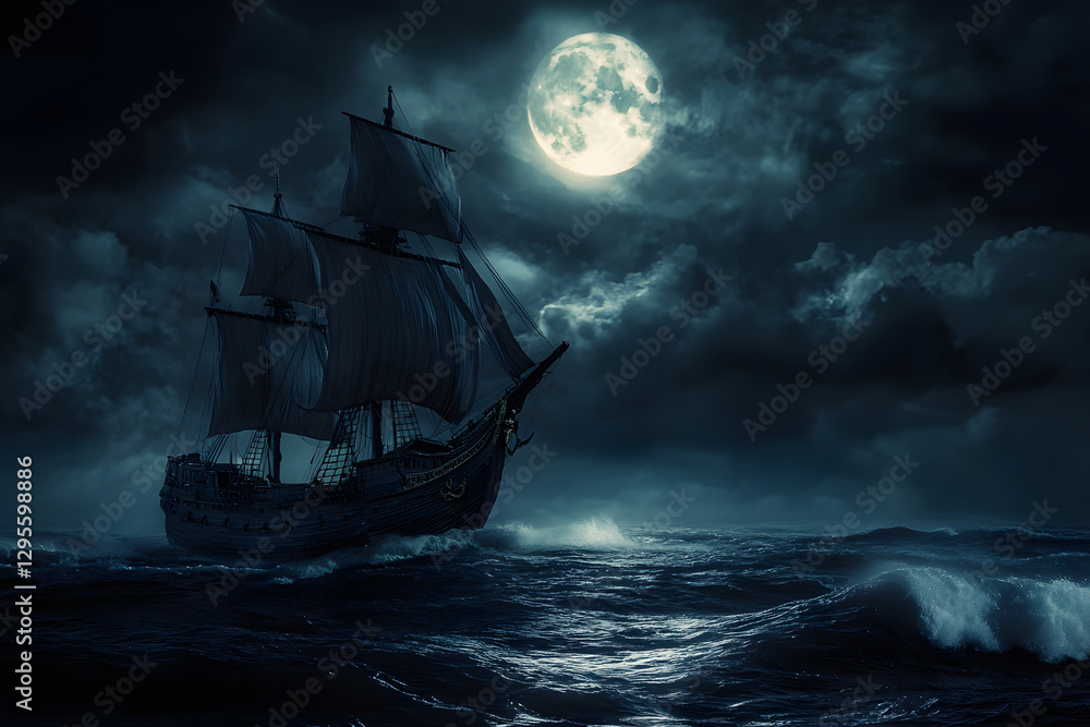 Fototapeta premium A pirate ship sails on the sea under the moonlight with turbulent sea water.