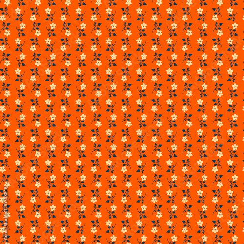 Spring bloom Tiny flower vertical borders pattern Light cream small flowers on a dark orange background Simplified rustic style