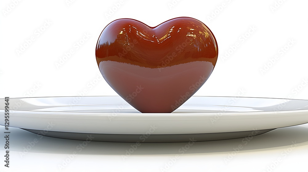 Obraz premium Shiny Red Heart Sculpture Placed on a White Ceramic Plate Against a Minimalist Background