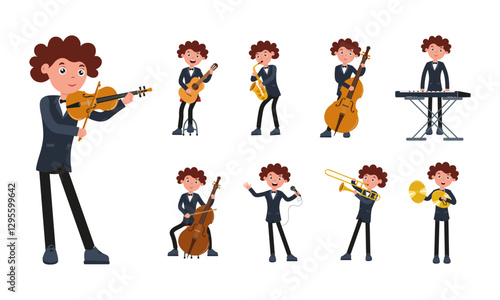 Cheerful cartoon musician playing various instruments in a lively performance
